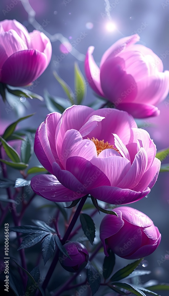 Obraz premium Beautiful pink peonies bloom vibrantly in a garden setting during early morning light