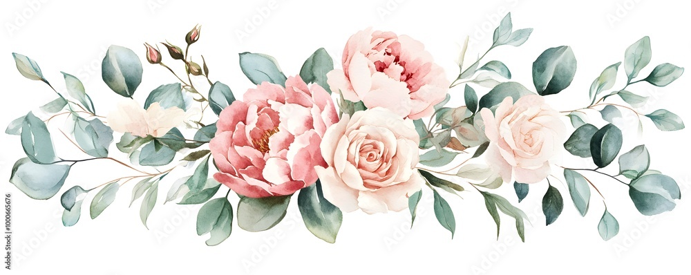 Fototapeta Watercolor floral bouquet, featuring peonies and roses, with eucalyptus leaves, in a white color palette, isolated on a white background, 