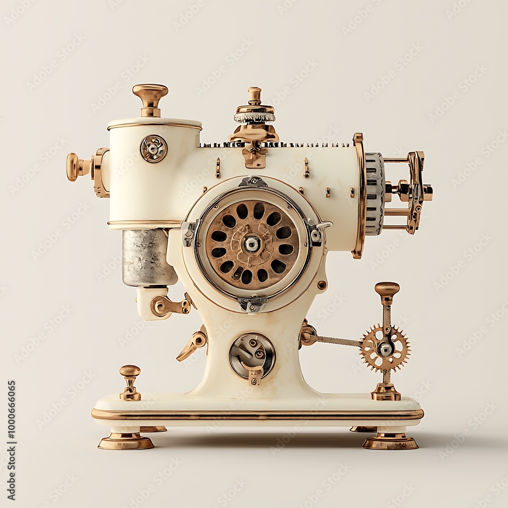 Fototapeta premium A vintage white and gold steampunk machine, gears and levers in full display, an intriguing blend of styles.