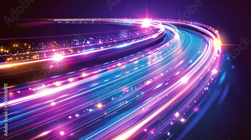 Neon light trails on futuristic curved road with glowing sparkles