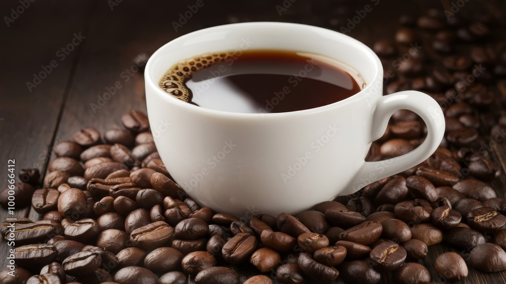 White cup of coffee and beans on a dark background for an International Coffee Day poster, October 1 White cup of coffee and beans on a dark background for an International Coffee Day poster, October 1