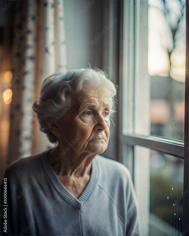 Worried depressed senior woman stand by window look away troubled, , lady lost in sad heavy thoughts Worried depressed senior woman stand by window look away troubled, , lady lost in sad heavy thoughts