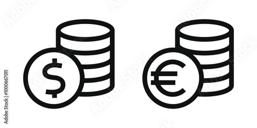 Money outline icons. Dollar and euro coins icons.Vector illustration