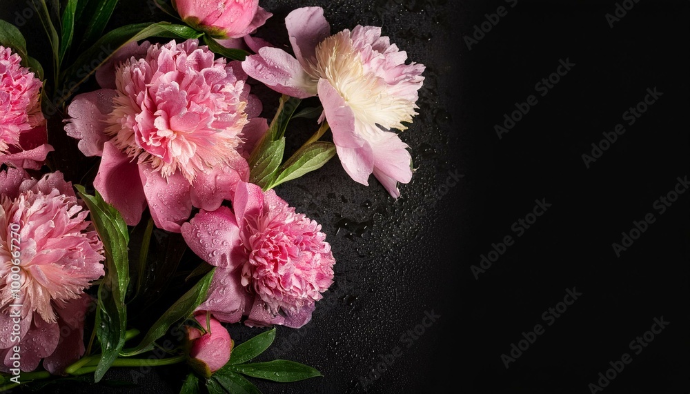 Fototapeta premium floral peonies lush after rain; with black textured space in center for text