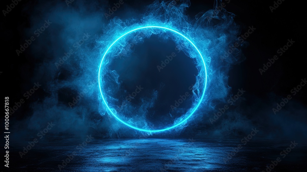 Laser glow ring frame with smoke effect Round neon light blue. Bright led border in the shape of a ring on a black background Laser glow ring frame with smoke effect Round neon light blue. Bright led border in the shape of a ring on a black background