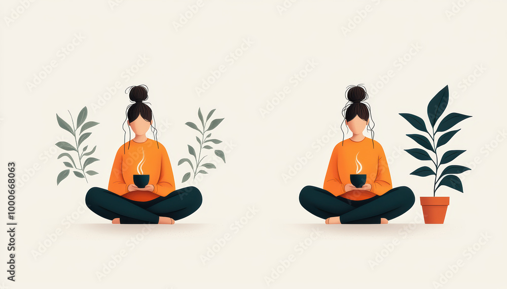 A serene illustration of a woman meditating with a cup of tea, surrounded by lush plants, promoting relaxation and mindfulness, Cute mindfulness app featuring calming exercises flat design A serene illustration of a woman meditating with a cup of tea, surrounded by lush plants, promoting relaxation and mindfulness, Cute mindfulness app featuring calming exercises flat design