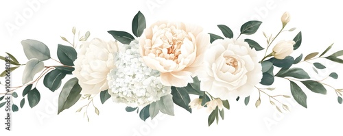 Watercolor floral bouquet, peonies and hydrangeas, eucalyptus leaves, white roses, greenery arrangement, wedding flowers