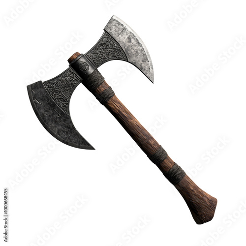 A detailed image of a medieval double-headed battle axe with wooden and metal elements, isolated on a plain white background.