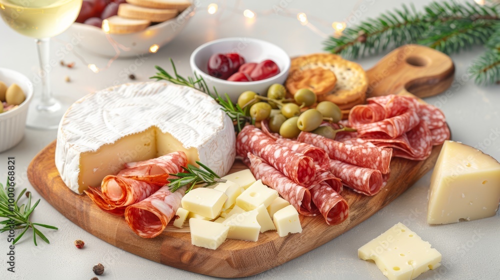 Charcuterie board with assorted cheeses, meats, olives, and festive garnishes. Charcuterie board with assorted cheeses, meats, olives, and festive garnishes.