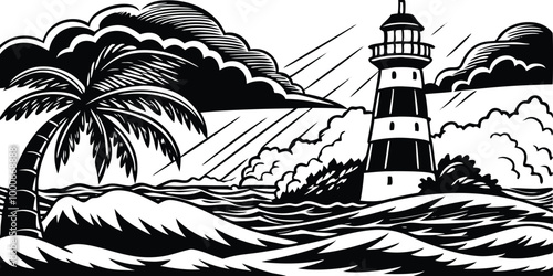 Blank and white landscapes of Lighthouse on sea shore at storm vector illustration