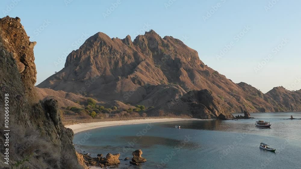 Komodo National Park. Morning panorama, tourist yachts moored near the shore