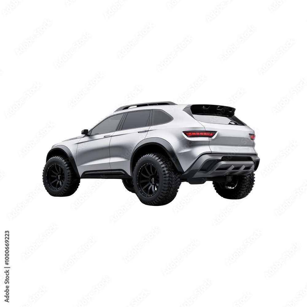 Sleek and powerful silver SUV with off-road tires, rear view. Ideal for automotive, adventure, and off-road imagery. Sleek and powerful silver SUV with off-road tires, rear view. Ideal for automotive, adventure, and off-road imagery.