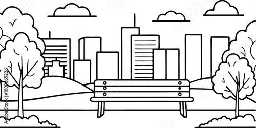 Coloring page a bench in a beautiful city park among green trees and grass