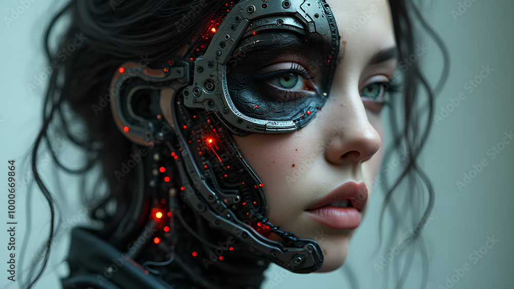 wired-cyborg biomechanical high quality photography of a woman's face split down the middle showcasing two distinct halves wired-cyborg biomechanical high quality photography of a woman's face split down the middle showcasing two distinct halves