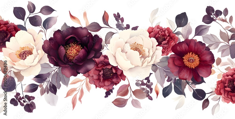 Fototapeta premium Watercolor floral bouquet, peonies and roses in burgundy, red, purple, and pink cream colors, 