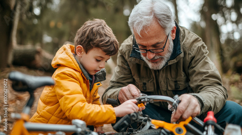 A grandfather and his grandson are working together on bicycle in forest setting, showcasing heartwarming moment of bonding and learning. child is focused on bike, while grandfather guides him with ca