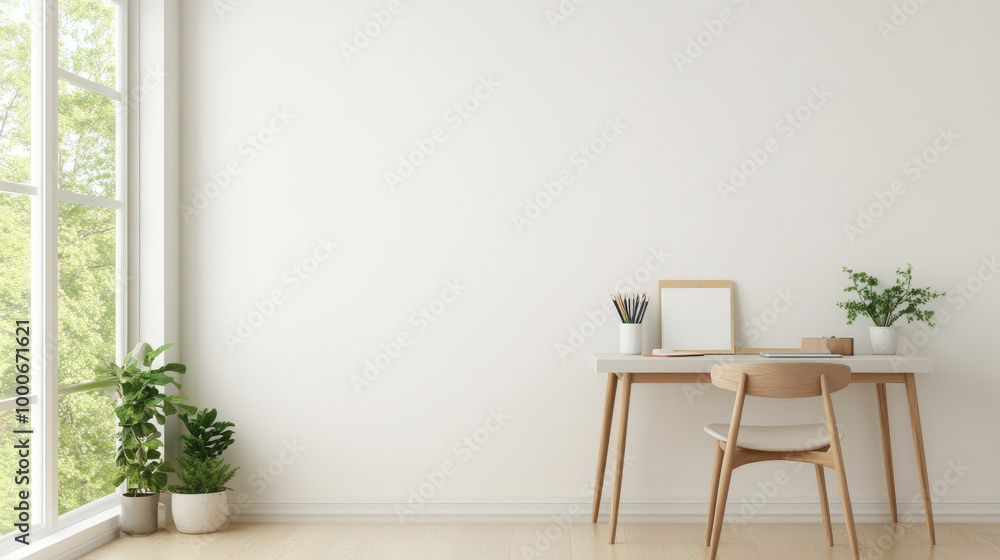 A bright and airy workspace featuring minimalist desk with chair, surrounded by greenery and natural light. serene environment promotes focus and creativity A bright and airy workspace featuring minimalist desk with chair, surrounded by greenery and natural light. serene environment promotes focus and creativity