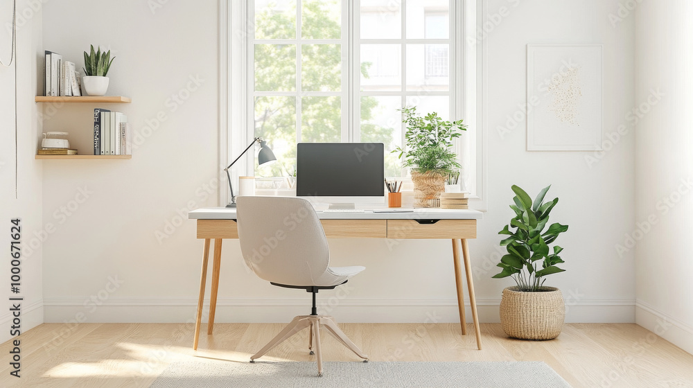Fototapeta premium A modern home office featuring stylish desk with computer, surrounded by greenery and natural light. serene atmosphere promotes productivity and creativity