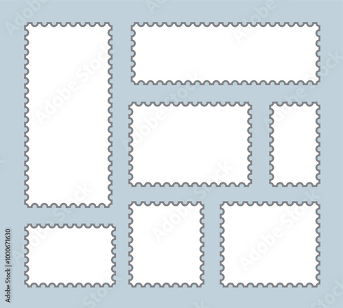 Light Postage Stamps collection. Blank Postage Stamps on gray background. Postage Stamps in flat design