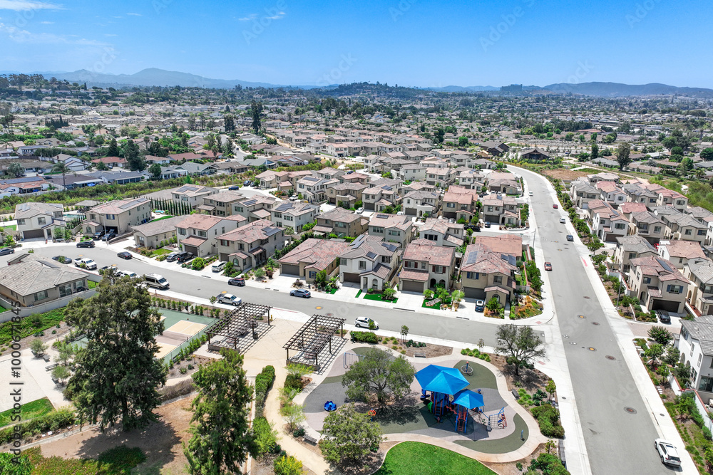 Aerial view of middle class community big houses, Escondido, South California, USA.