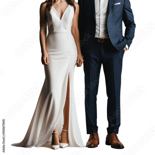 Elegant couple dressed formally, woman in white gown, man in blue suit, standing together for an event or celebration. photo