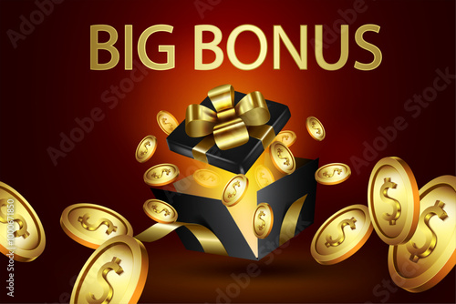 big bonus concept business banner element black open gift box and flying golden coins vector illustration advertising background.