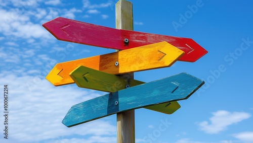 A wooden signpost with brightly painted arrows pointing in various directions stands against a clear blue sky. photo