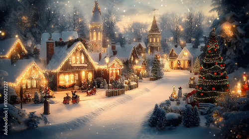 Christmas village with Snow in vintage style. Winter Village Landscape. Christmas Holidays. Christmas Card. 3d illustration photo