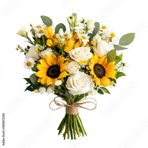 A vibrant bouquet of sunflowers and white roses tied with a rustic twine bow, perfect for any occasion or celebration.