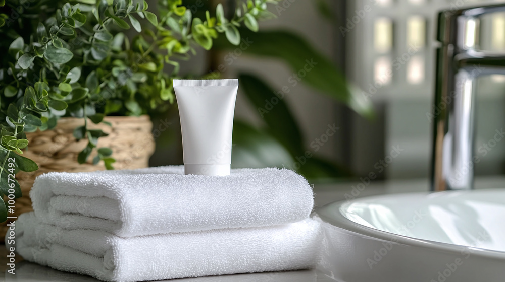 A White Cream Tube on a Stack of Towels by a Bathroom Sink A White Cream Tube on a Stack of Towels by a Bathroom Sink