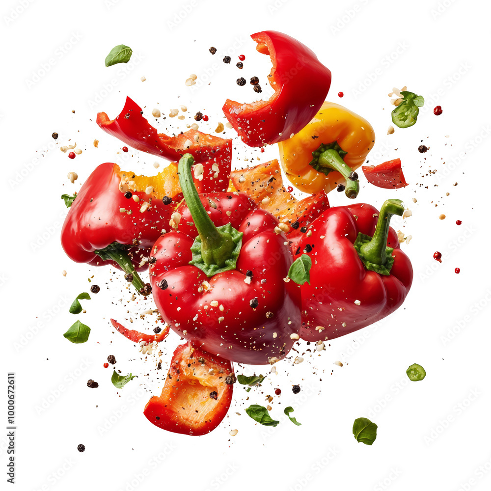 Exploding vibrant red and yellow bell peppers with spices, isolated on a white background. High-resolution stock photo. Exploding vibrant red and yellow bell peppers with spices, isolated on a white background. High-resolution stock photo.