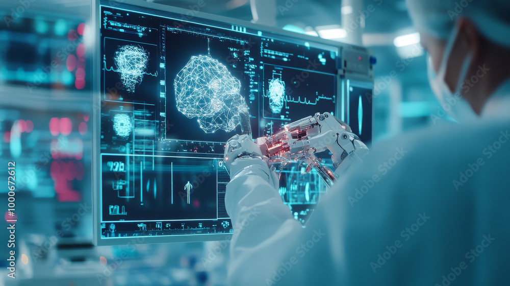 Fototapeta premium image depicts futuristic scene where robotic arm interacts with digital display showcasing brain scans and data analysis. This highlights intersection of technology and neuroscience, evoking sense of