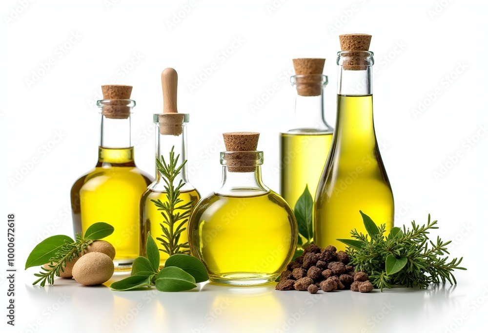 Gourmet Oil & Herb Collection: Elegant Glass Bottles Showcasing Various Ingredients - Isolated with Clipping Path for Easy Editing Gourmet Oil & Herb Collection: Elegant Glass Bottles Showcasing Various Ingredients - Isolated with Clipping Path for Easy Editing