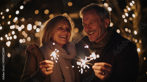 Blurred caucasian senior couple holding sparklers celebrating new year.Cheerful caucasian senior couple holding sparklers celebrating new year. Happy lifestyle for mature retirees, party lights photo