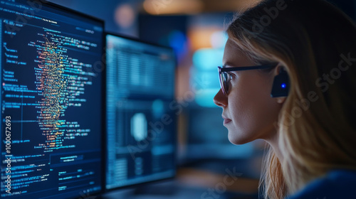 A focused woman with glasses is analyzing complex code on multiple computer screens, showcasing her dedication to programming and technology. environment is modern and tech oriented, reflecting high t