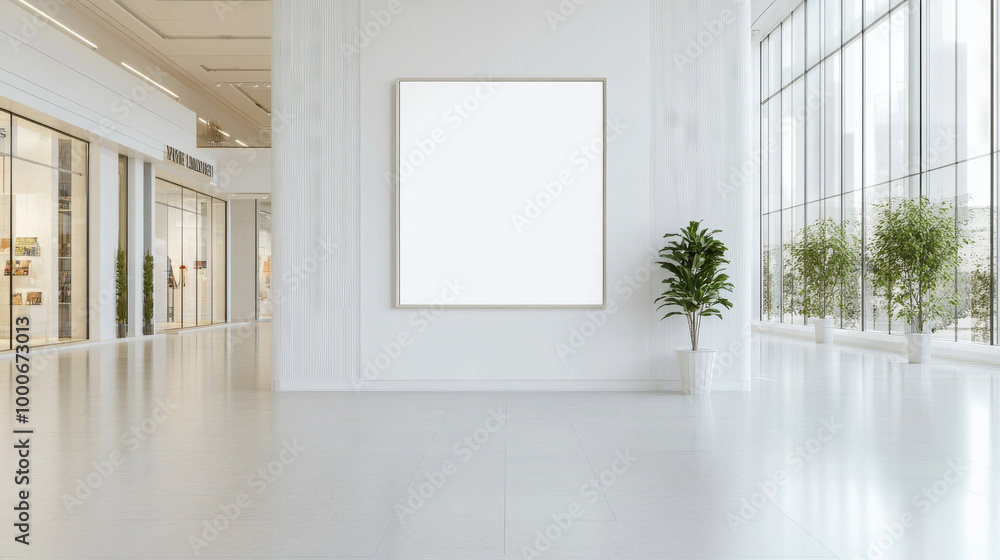 Fototapeta premium A spacious and modern gallery featuring large empty frame on white wall, surrounded by greenery and bright natural light. minimalist design creates serene atmosphere perfect for showcasing art