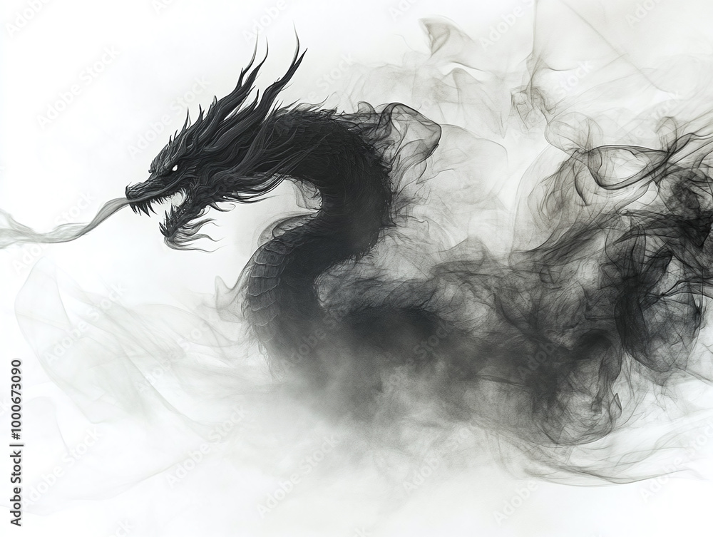Fototapeta premium Black Smoke Shaping a dragon Against a White Background