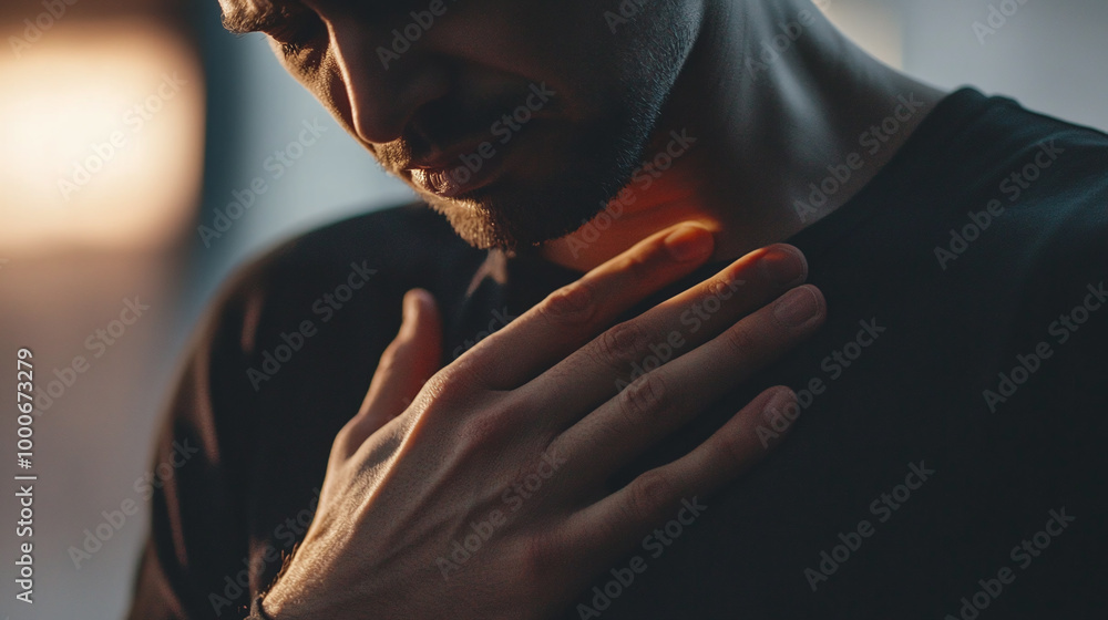 Close-Up of a Person Gripping Their Chest in Pain with a Distressed Expression Close-Up of a Person Gripping Their Chest in Pain with a Distressed Expression