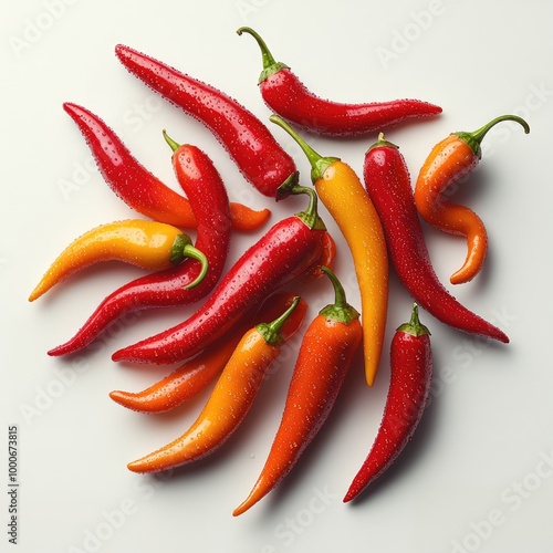 Fresh green and red chili peppers on a white background.