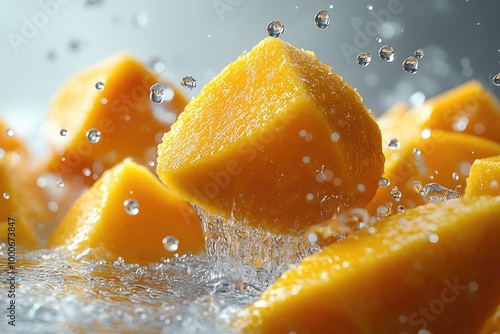 Ripe mango cut into pieces, juicy yellow, beautiful color.