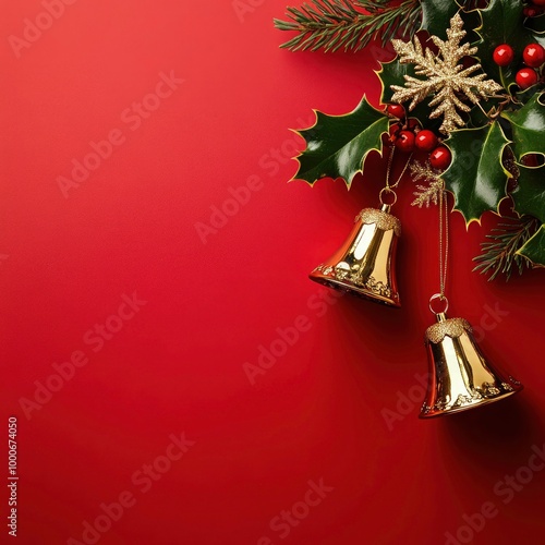 Christmas bell and fir on red background. Christmas greeting card or social banner. Golden bells adorned with holly leaves and berries, hanging from the top right corner. suitable for banners, cards,  photo