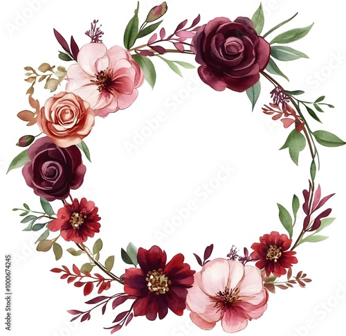 Watercolor floral wreath on a white background, featuring burgundy and pink flowers with green leaves.