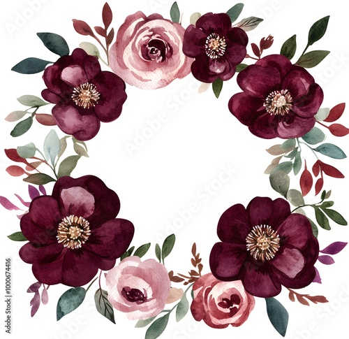 Watercolor floral wreath on a white background, featuring burgundy and pink flowers with green leaves.