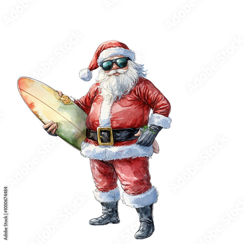 A playful Santa Claus character in a vibrant swimsuit holding a surfboard, combining holiday cheer with summer fun isolate on transparency background PNG.