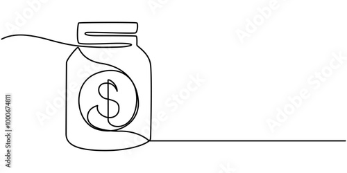Coins in a glass jar, stacking coins in a jar, savings, money piggy bank, tips one line art. Continuous line drawing of bank, data, savings, Coins in a glass jar one line art