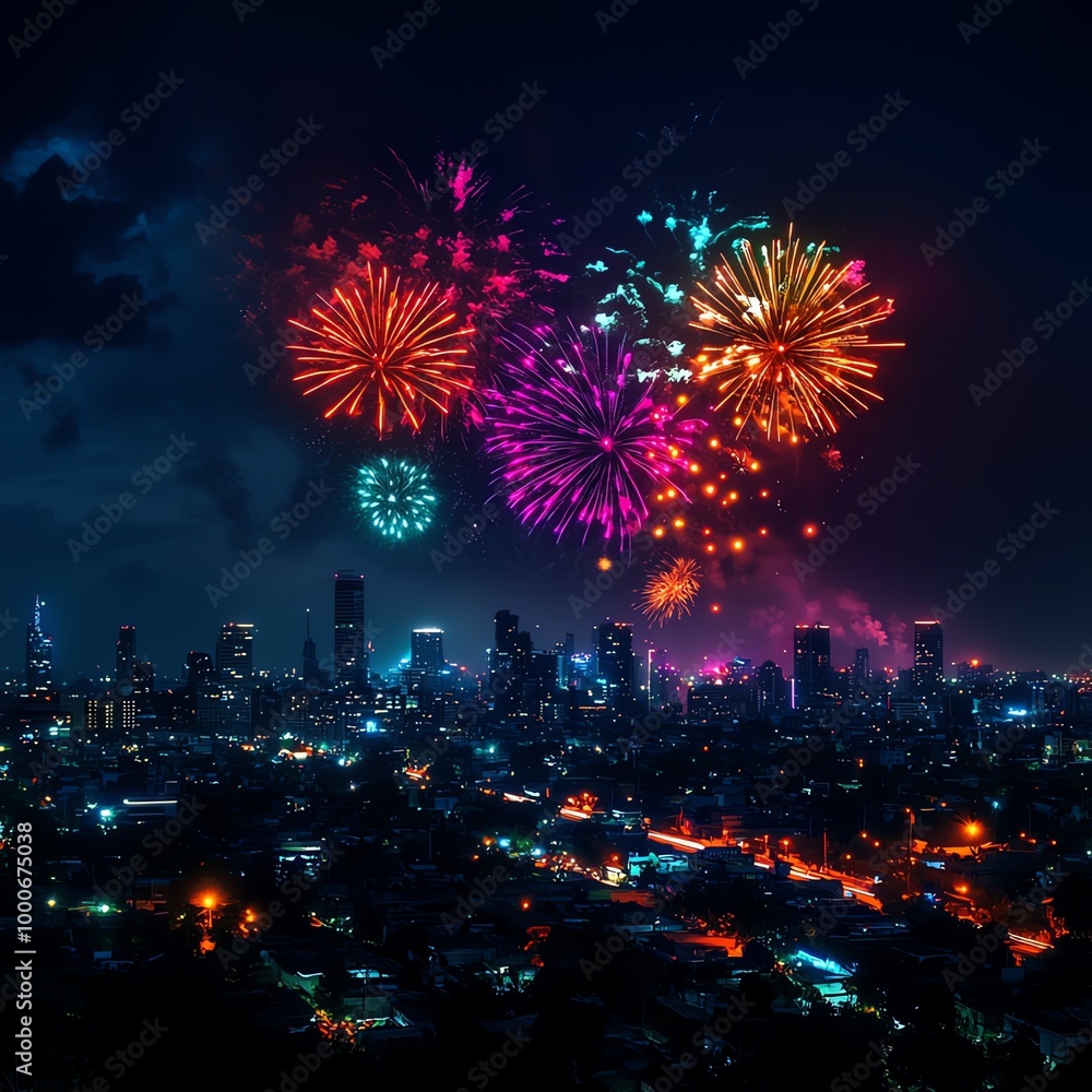 Obraz premium Colorful fireworks over city skyline at night
