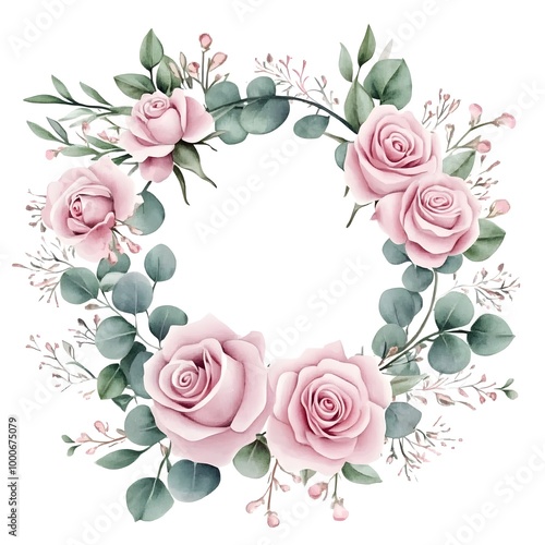 Watercolor floral wreath, burgundy and blush pink flowers with green leaves, 