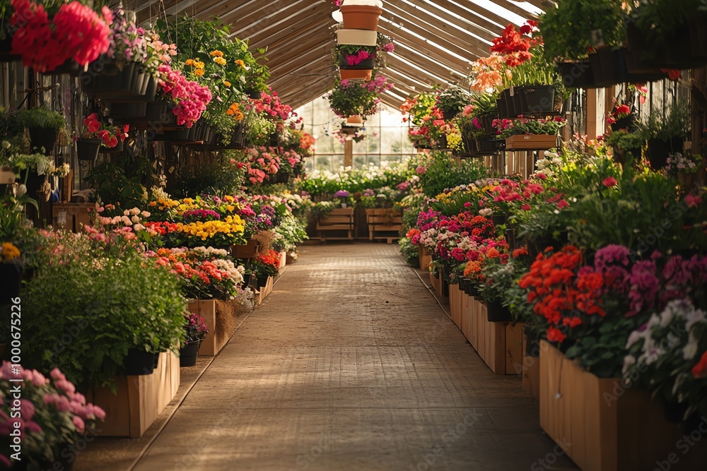 A colorful array of flowers are displayed in a greenhouse, with a pathway leading through the center. A colorful array of flowers are displayed in a greenhouse, with a pathway leading through the center.
