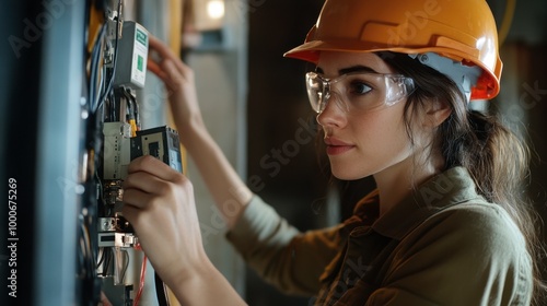 A female electrician using a circuit tester to ensure safe connections.