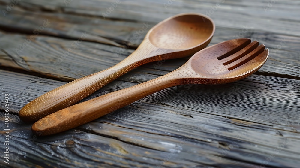Two wooden spoons on a rustic wooden table, highlighting natural materials and farmhouse aesthetics. Two wooden spoons on a rustic wooden table, highlighting natural materials and farmhouse aesthetics.
